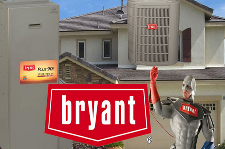 A collage of bryant air conditioning units and a person.