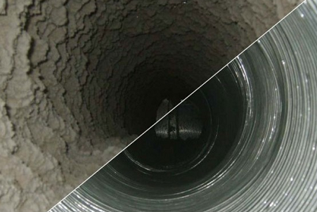 A before and after picture of the inside of an air duct.