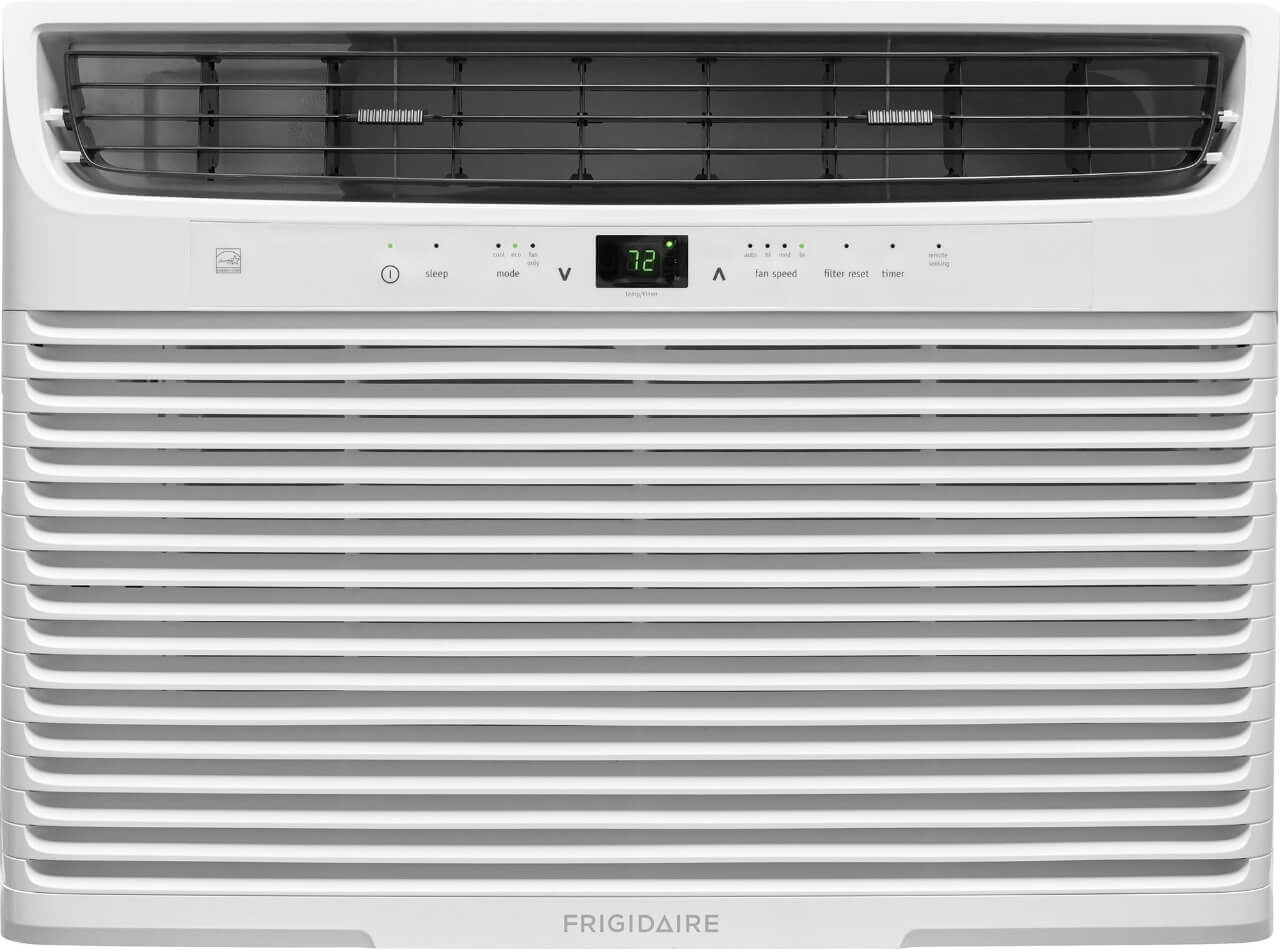 A white and black window air conditioner